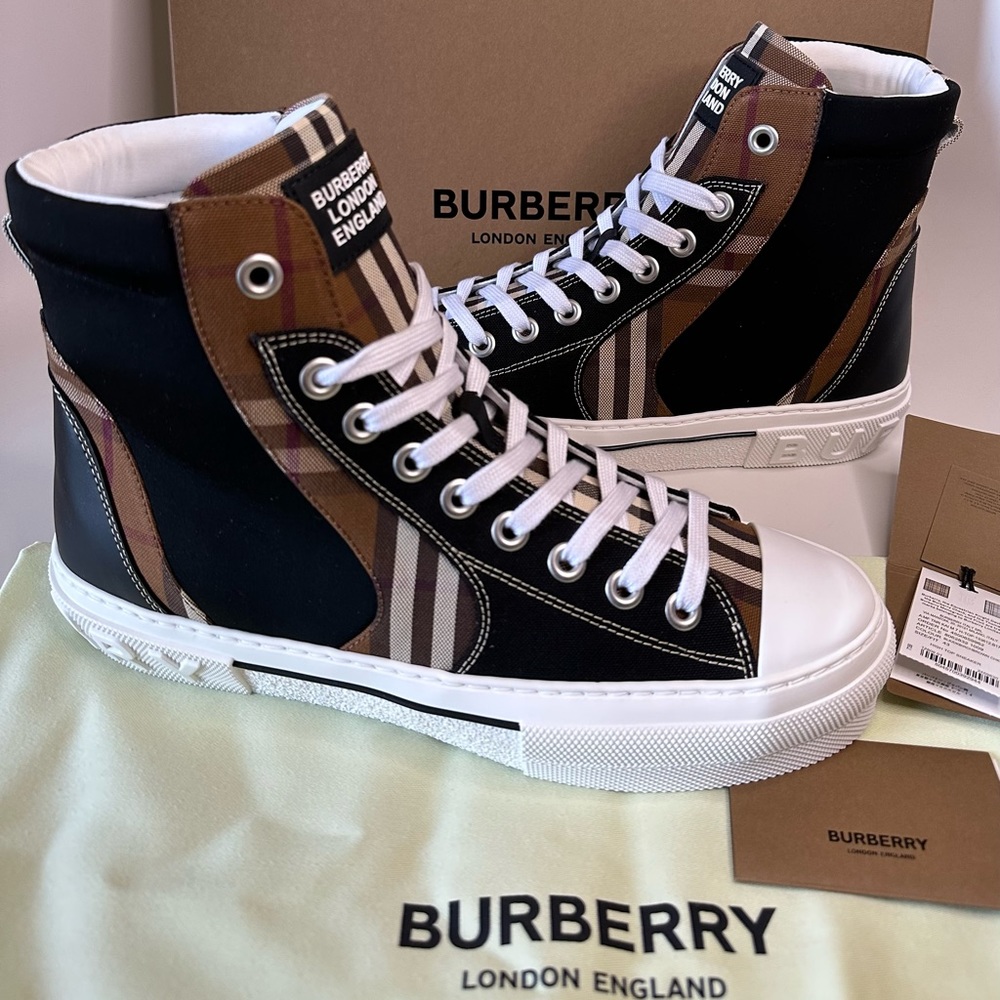 BURBERRY Signature Vintage Check Logo Canvas Leather High-Top Fashion Sneakers - Picture 6 of 16
